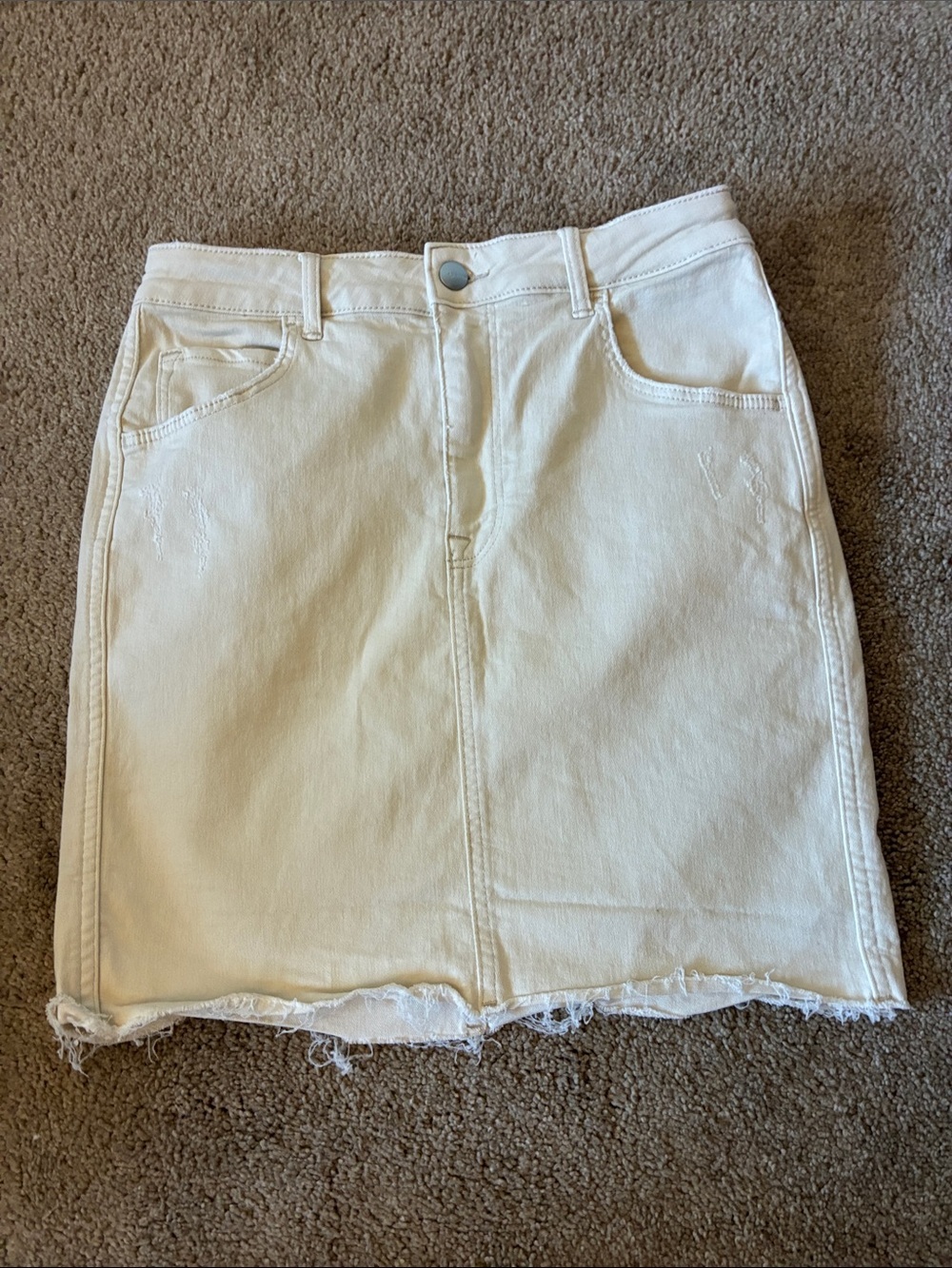 H&M &denim Cream High Waist Denim Skirt Frayed Undone Hem size 6
